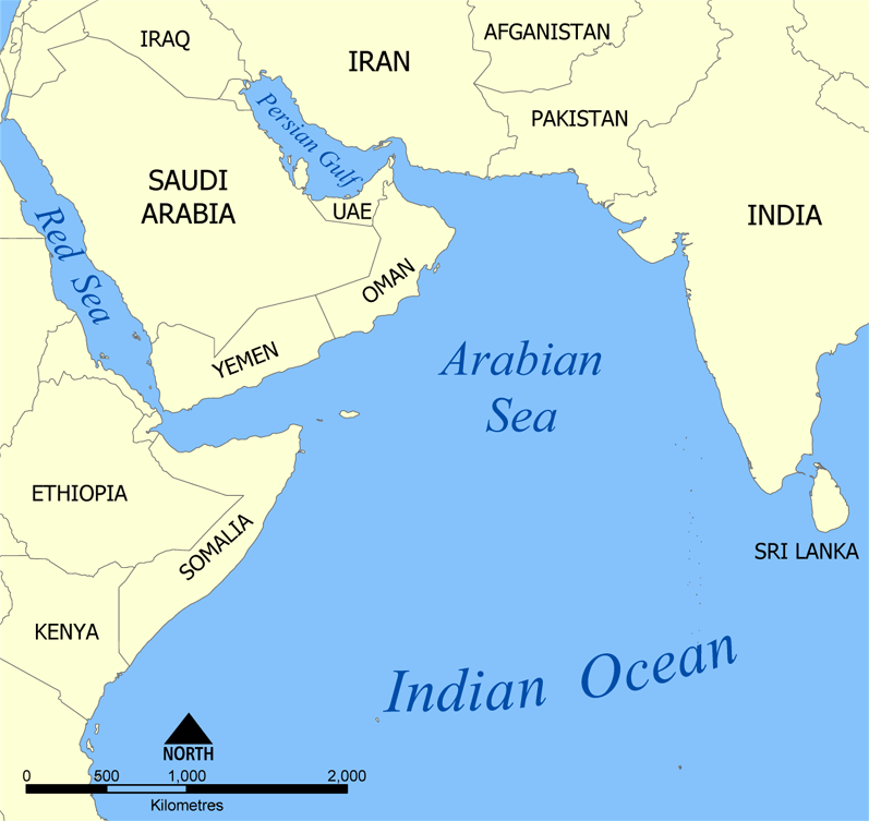 Map of the Red Sea, the Arabian Sea, the Persian Gulf, Arabian Peninsula and the Indian Ocean