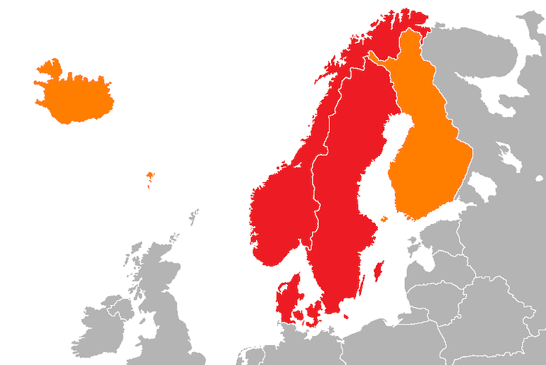 Only in red is Scandinavian region. Both in saffron and red are known the Nordic together.