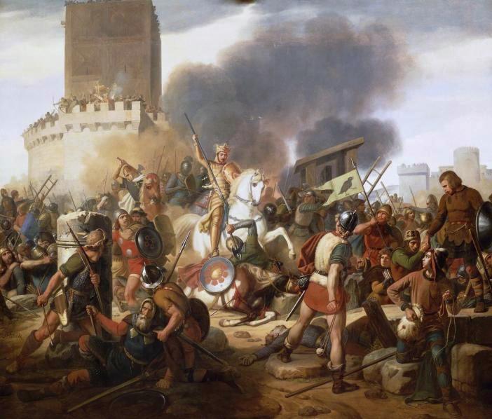 A painting by Jean-Victor Schnetz (1787–1870) of Odo of Paris defending Paris during the siege by the Vikings in 885 CE (Palace of Versailles, France)