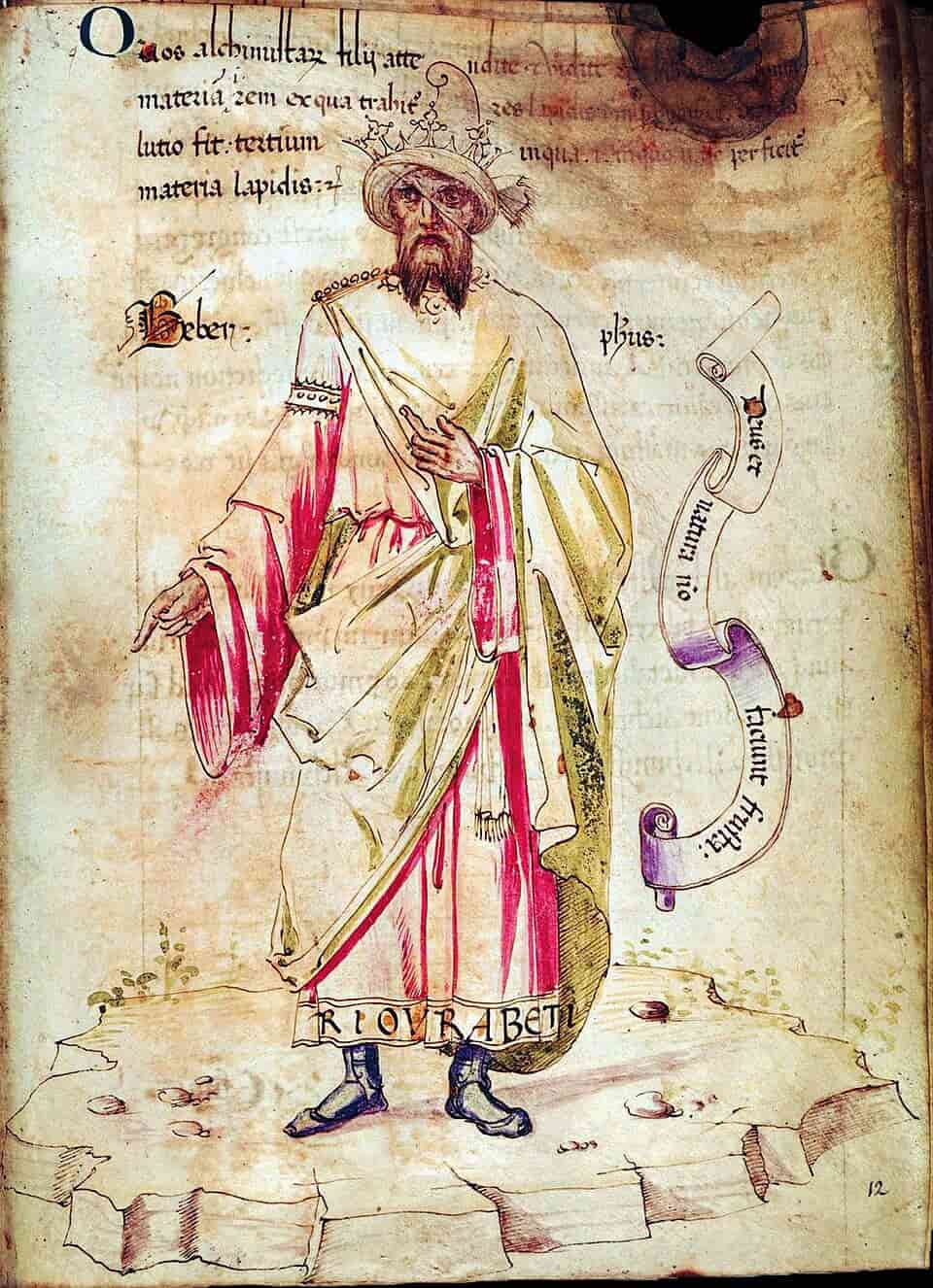 15th-century artistic impression of Jabir ibn Hayyan (Geber) from Codici Ashburnhamiani 1166, Biblioteca Medicea Laurenziana, Florence fol 12r