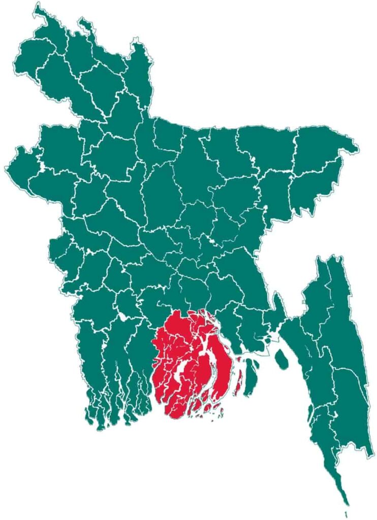 বাংলাদেশের মানচিত্রে বরিশাল বিভাগের ৬ টি বিভাগের অবস্থান